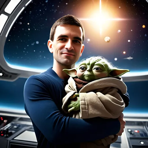 Prompt: (youthful and handsome man hugging Master Yoda), vibrant ambiance, (happy atmosphere), command bridge of the Millennium Falcon, R2-D2 beside, stunning planet and stars in the background, high-quality rendering, sci-fi elements, dynamic energy, light effects on faces, cinematic colors, joyful expressions, adventure in space, highly detailed.