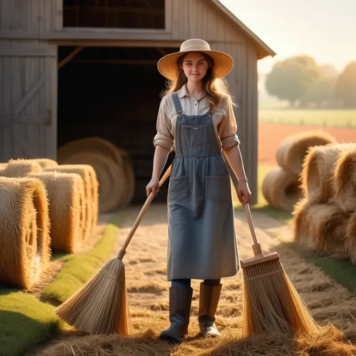 Prompt: (realism style), (warm color scheme), farm girl, big floppy baker's hat, oversized work garden gloves, holding handled straw broom, sweeping the ground, barn in the background, golden hour sunlight, soft shadows, serene yet hardworking mood, gentle breeze, ultra-detailed, high quality, picturesque countryside scenery, charming rural atmosphere, tranquil sundown backdrop.