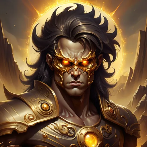 Prompt: This is a digital art fantasy illustration that depicts a powerful, demonic character with dark, flowing hair. a cyclops with one eye. His sharp, angular features and intense, golden eyes convey strength and determination. The character's armor is ornate and jagged, with glowing gold highlights, enhancing his formidable presence. The warm, golden background features a surreal, otherworldly landscape with tall, spire-like structures and a reflective, shimmering body of water. The dynamic pose, detailed armor, and glowing atmosphere suggest a warrior of immense power, evoking a sense of majesty and danger. Digital art illustration