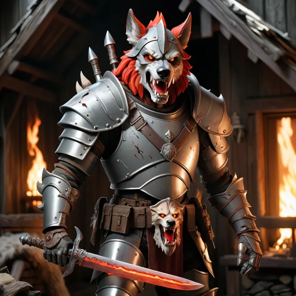 Prompt: Goliath Blood Hunter in steel armor with a wolf head helm in a decrepit cabin with flaming sword