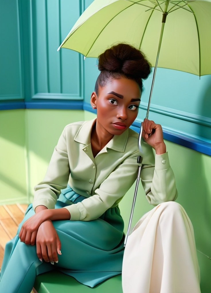 Prompt: a woman sitting on a bench in a room with a green floor and a blue wall and a white umbrella, Ada Gladys Killins, lyco art, brown skin, a picture