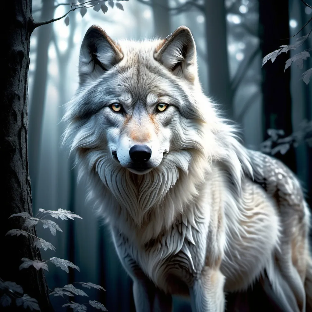 Prompt: (Silver wolf), majestic and fierce, intricate fur textures, (ethereal glow), piercing eyes, surrounded by a mystical forest, muted colors with glimmers of moonlight, serene yet powerful ambiance, atmospheric mist curling around the trees, detailed foliage and shadows, enchanting scenery, high depth, ultra-detailed, magical realism.