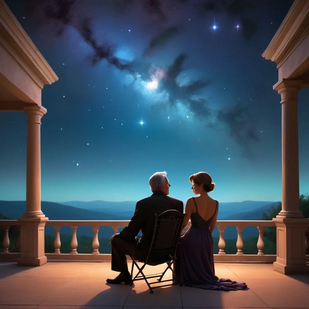 Prompt: (stargazing silhouette),(mature couple) enjoying a tranquil night, dressed in night attire, surrounded by a low ambient glow, Orion stars brightly visible in the sky, terrace view, dark atmosphere, dark night, high detail, ultra-detailed, evocative colors creating a romantic and introspective mood.