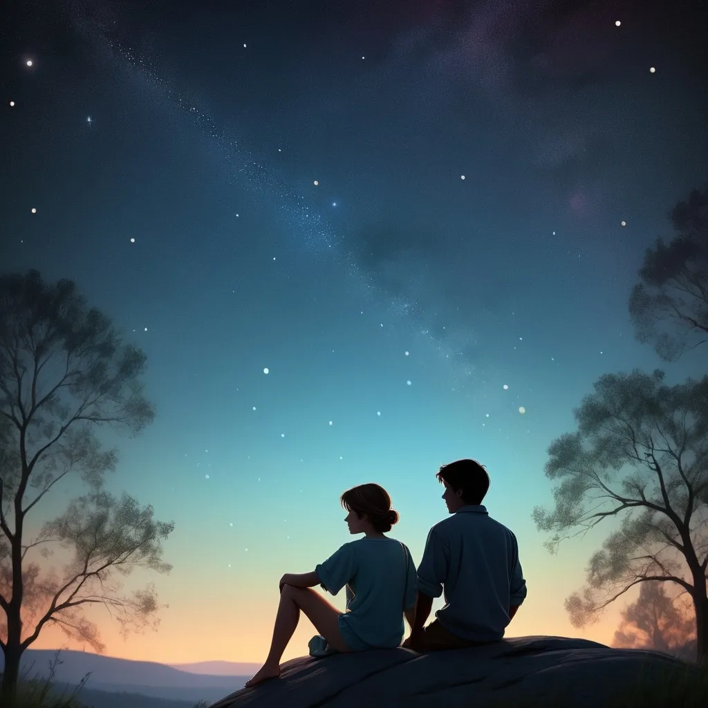 Prompt: (stargazing silhouette), boy and girl (mature couple) enjoying a tranquil night, dressed in casual night attire, surrounded by a low ambient glow, shimmering Orion stars brightly visible in the sky, serene moonlit landscape, peaceful atmosphere, high detail, ultra-detailed, evocative colors creating a romantic and introspective mood.