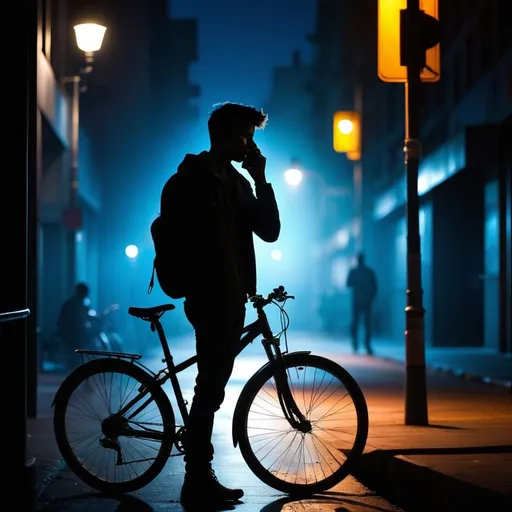 Prompt: (silhouette of a young man talking on cellphone), bike in the background, urban parking space, (dramatic lighting), dark ambiance, thrilling atmosphere, (high contrast), mysterious shadows, deep blues and blacks, urban night setting, (HD), capturing the underground vibe and solitude of city life, immersive and cinematic qualities.