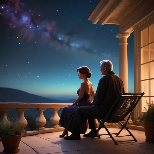 Prompt: (stargazing silhouette),(mature couple) enjoying a tranquil night, dressed in night attire, surrounded by a low ambient glow, Orion stars brightly visible in the sky, terrace view, dark atmosphere, dark night, high detail, ultra-detailed, evocative colors creating a romantic and introspective mood.