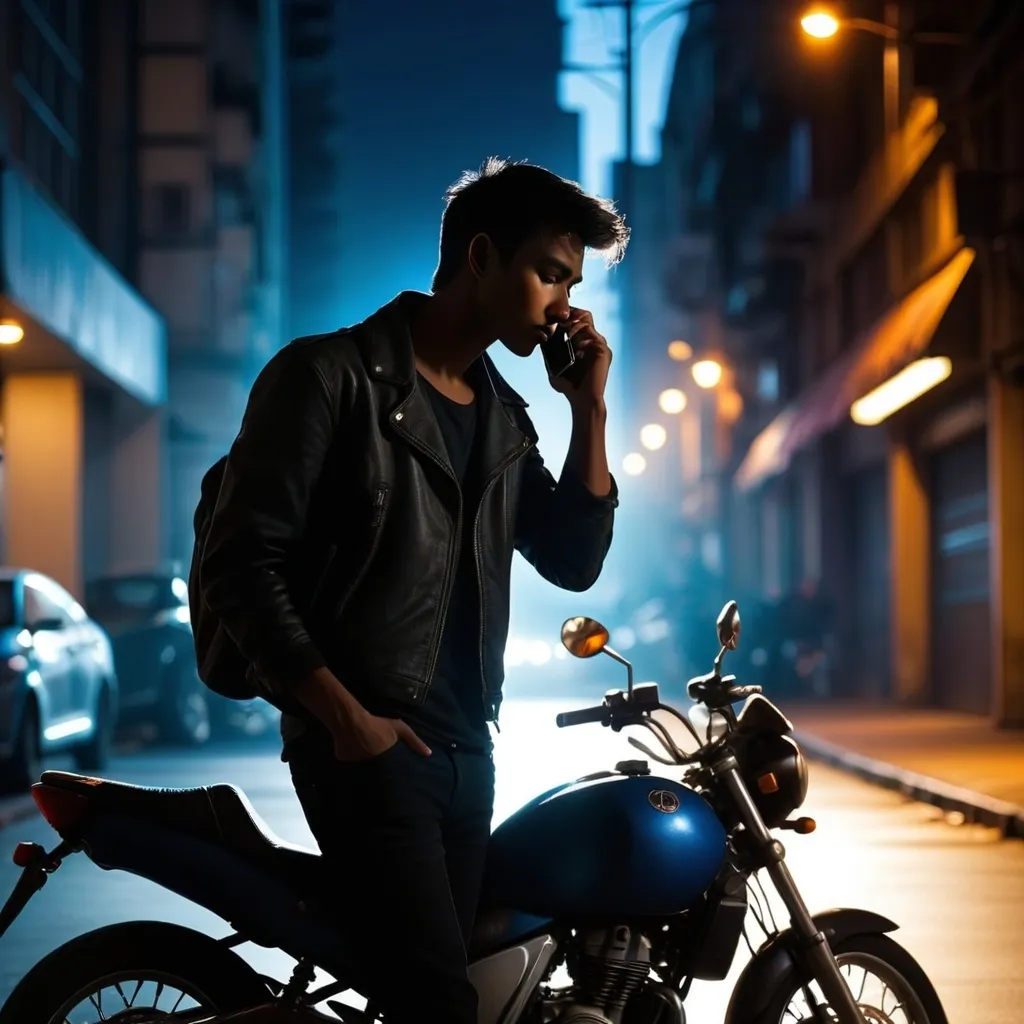 Prompt: (silhouette of a young man talking on cellphone), motorcycle in the background, urban parking space, (dramatic lighting), dark ambiance, thrilling atmosphere, (high contrast), mysterious shadows, deep blues and blacks, urban night setting, (HD), capturing the underground vibe and solitude of city life, immersive and cinematic qualities.