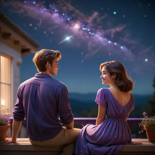 Prompt: (stargazing young couple) back pose, (romantic atmosphere), gentle smiles and soft expressions, comfortably dressed, sitting on a cozy terrace, surrounded by a low ambient glow, Orion constellation prominently visible in the night sky, serene dark atmosphere, rich deep blues and purples, evoking introspective feelings, high detail, ultra-detailed, cinematic quality.