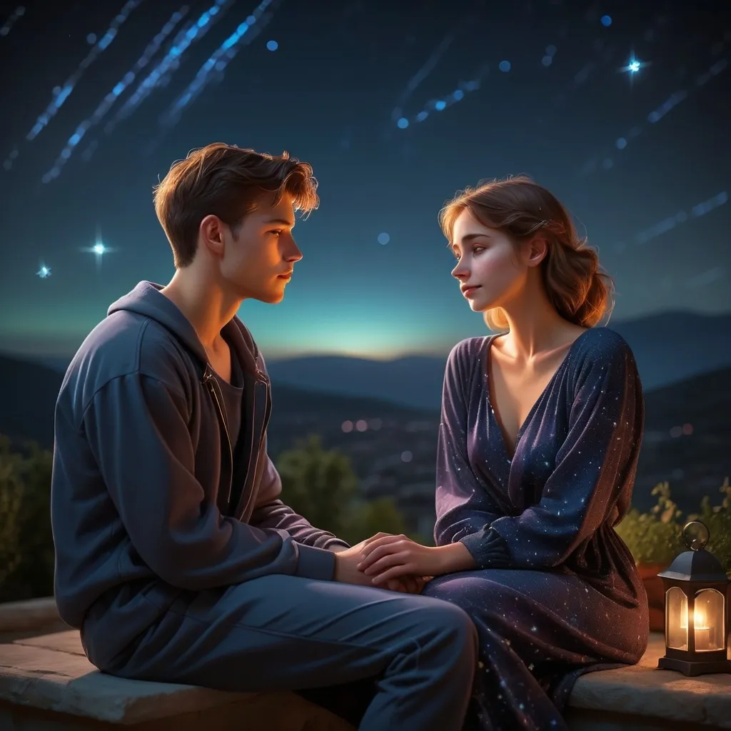 Prompt: (stargazing young couple) enjoying a tranquil night, dressed in night attire, surrounded by a low ambient glow, Orion stars brightly visible in the sky, terrace view, dark atmosphere, dark night, high detail, ultra-detailed, evocative colors creating a romantic and introspective mood.