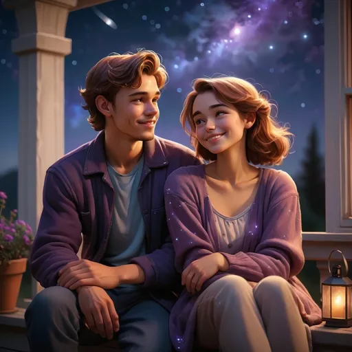 Prompt: (stargazing young couple), (romantic atmosphere), gentle smiles and soft expressions, comfortably dressed, sitting on a cozy terrace, surrounded by a low ambient glow, Orion constellation prominently visible in the night sky, serene dark atmosphere, rich deep blues and purples, evoking introspective feelings, high detail, ultra-detailed, cinematic quality.