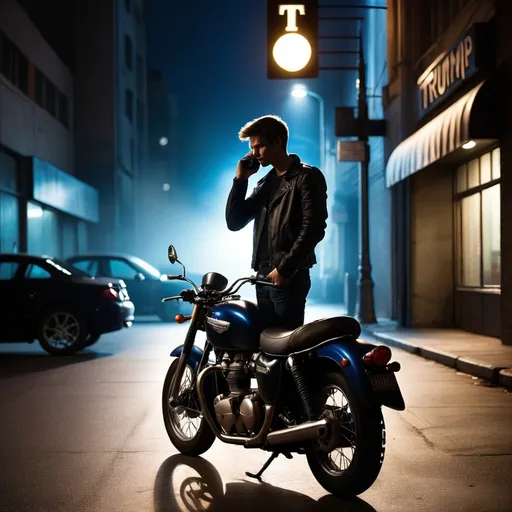 Prompt: (silhouette of a young man talking on cellphone), motorcycle in the background (triumph Truxton), urban parking space, (dramatic lighting), dark ambiance, thrilling atmosphere, (high contrast), mysterious shadows, deep blues and blacks, urban night setting, (HD), capturing the underground vibe and solitude of city life, immersive and cinematic qualities.