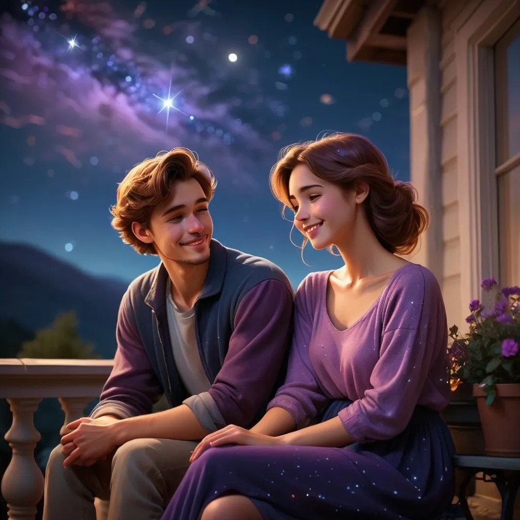 Prompt: (stargazing young couple), (romantic atmosphere), gentle smiles and soft expressions, comfortably dressed, sitting on a cozy terrace, surrounded by a low ambient glow, Orion constellation prominently visible in the night sky, serene dark atmosphere, rich deep blues and purples, evoking introspective feelings, high detail, ultra-detailed, cinematic quality.