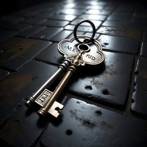 Prompt: (mysterious keys), scattered on a cold, dark floor, (glistening silver), dramatic shadows looming, (eerie ambiance), damp surroundings, an unsettling silence, highly detailed texture, ultra-detailed, evoke tension, contrasting highlights, deep blacks, alluring shadows, captivating focal point, suspenseful atmosphere, cinematic quality.