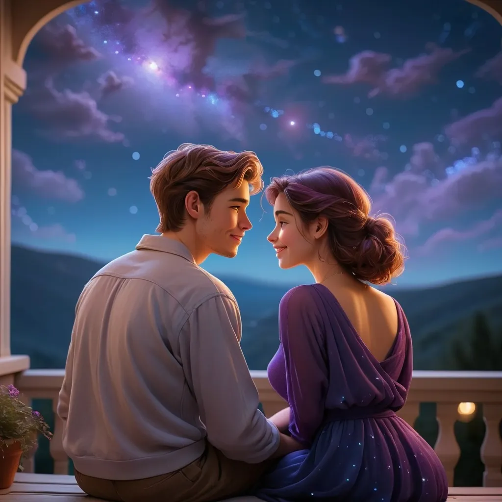 Prompt: (stargazing young couple) back pose, (romantic atmosphere), gentle smiles and soft expressions, comfortably dressed, sitting on a cozy terrace, surrounded by a low ambient glow, Orion constellation prominently visible in the night sky, serene dark atmosphere, rich deep blues and purples, evoking introspective feelings, high detail, ultra-detailed, cinematic quality.