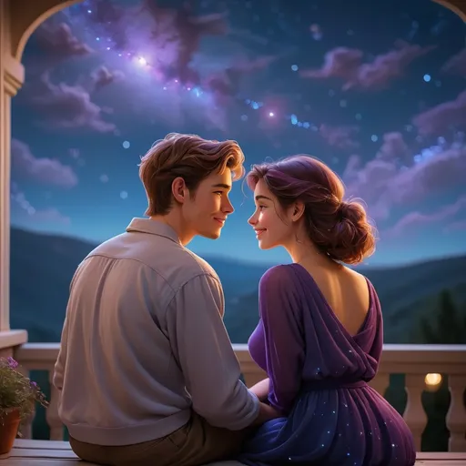 Prompt: (stargazing young couple) back pose, (romantic atmosphere), gentle smiles and soft expressions, comfortably dressed, sitting on a cozy terrace, surrounded by a low ambient glow, Orion constellation prominently visible in the night sky, serene dark atmosphere, rich deep blues and purples, evoking introspective feelings, high detail, ultra-detailed, cinematic quality.