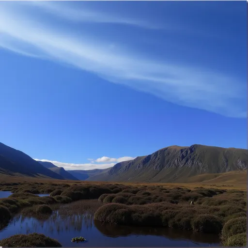 Prompt: @V9wZd9ItAAE4uc1z2lS3 is taking a selfie on moorland in a Glen in Scotland, looking contemplative, wearing green pants and good hiking boots and a backpack