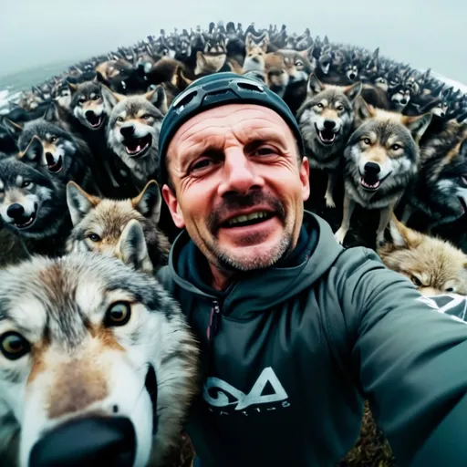 Prompt: A Bald 60 year old man taking a selfie with a GoPro in Canada amongst a pack of Wolves, fish eye lens, high detail, ultra realistic, cinematic lighting, portrait painting, photorealistic, Color Grading, portrait Photography, hyper - detailed, beautifully color graded, Unreal Engine5, Cinematic 8K --ar 3:4 --s 750 --q 2 --v 5 --s 750 --q 2 --v 5