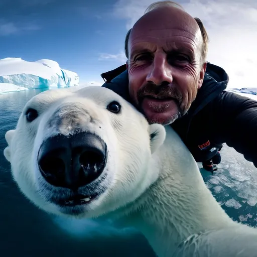 Prompt: A man taking a selfie with a GoPro on in a Antarctica petting a Polar Bear , fish eye lens, high detail, ultra realistic, cinematic lighting, portrait painting, photorealistic, Color Grading, portrait Photography, hyper - detailed, beautifully color graded, Unreal Engine5, Cinematic 8K --ar 3:4 --s 750 --q 2 --v 5 --s 750 --q 2 --v 5