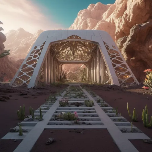 Prompt: A photo of a strange plant landscape on another planet, showing the spirit of the plants incorporated in the flower structure, 8K high quality photograph, atmospheric depitction
