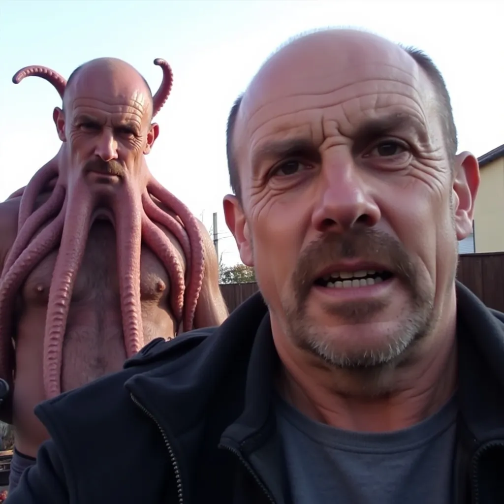 Prompt: @fptupEC8IevO3m0WF8Cb is looking serious with his mouth closed taking a selfie an octopus man