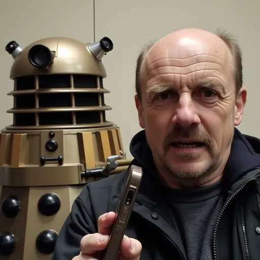 Prompt: @fptupEC8IevO3m0WF8Cb is looking serious with his mouth closed, having his selfie taken with a Dalek
