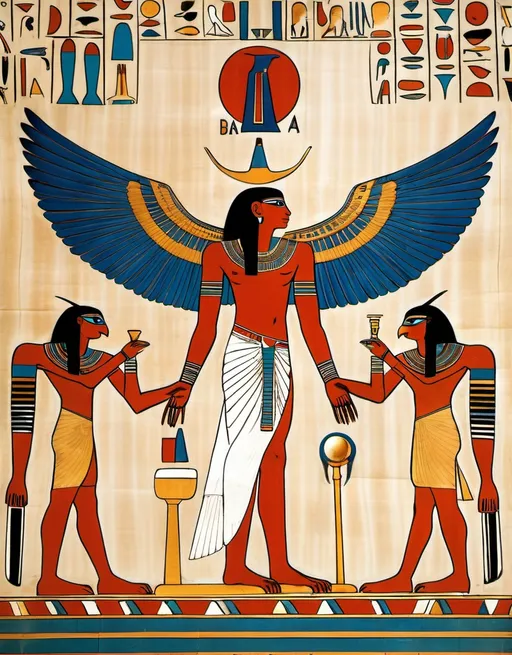 Prompt: a depiction of the Ancient Egyptian soul, the Ba pictured as a colourful hawk with a human head