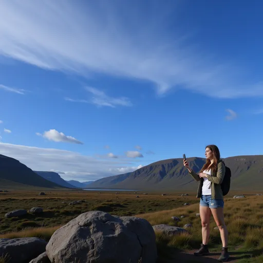 Prompt: @V9wZd9ItAAE4uc1z2lS3 is taking a selfie on moorland in a Glen in Scotland, looking contemplative, wearing good hiking boots and a backpack