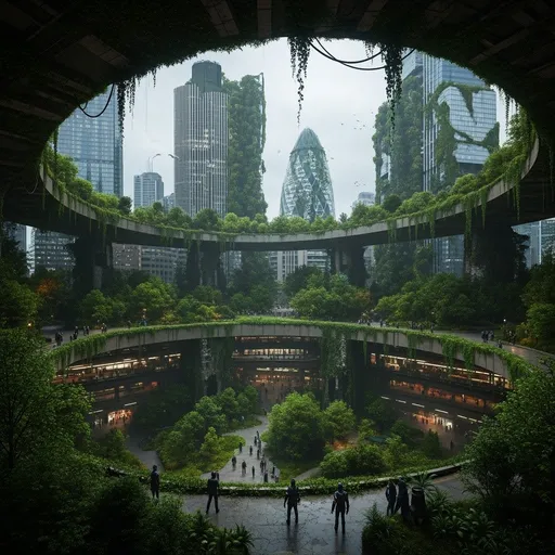 Prompt: A photograph taken in a future London merging with nature, where people mostly live under ground, 3d image



