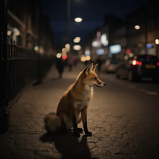 Prompt: Photo of a fox on a London street late at night, ISO 6400, 1/20s shutter speed, f11 aperture
