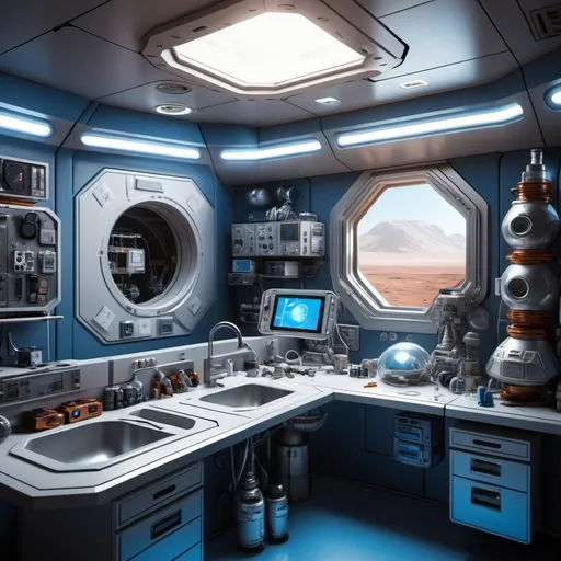 Prompt: futuristic interior home on the surface of Mars. The living quarters of a space laboratory on the surface of Mars, showing various paraphernalia associated with the only crew member. The walls are a mid blue, with the martian sunlight casting a nice reflection on the walls. A silver, metallic sink in the corner, and various modern tech equipment showing in the view. Photorealistic image, high quality.