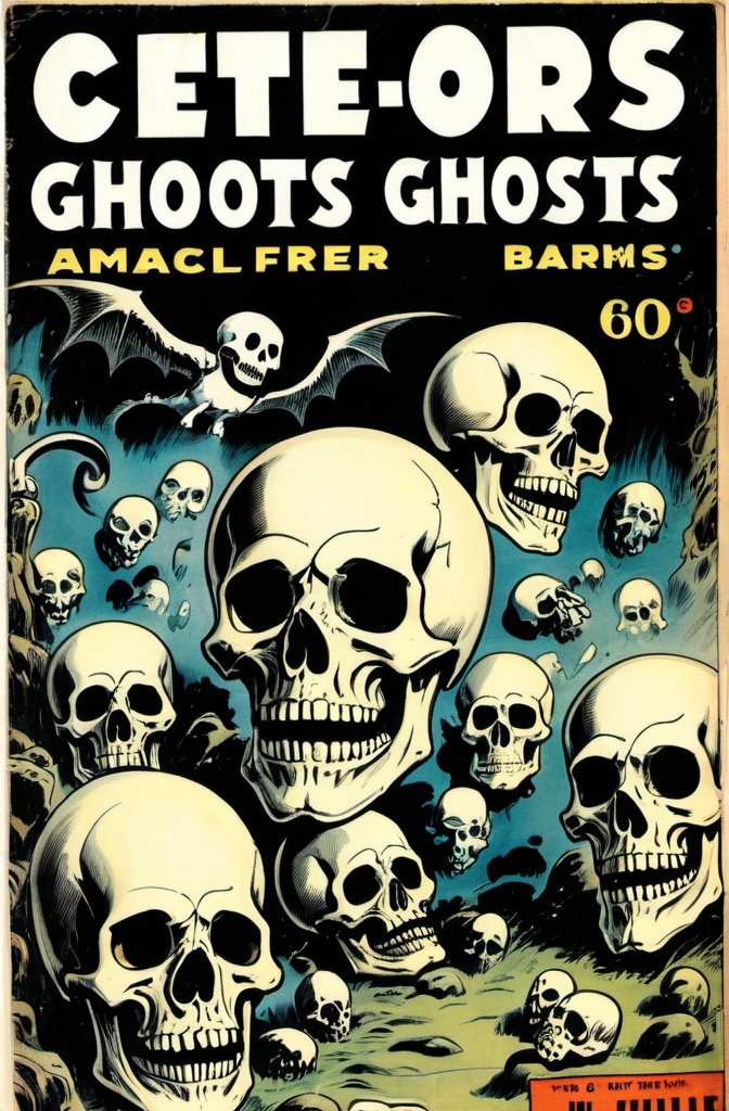 Prompt: vintage comic book cover art of skulls and ghosts