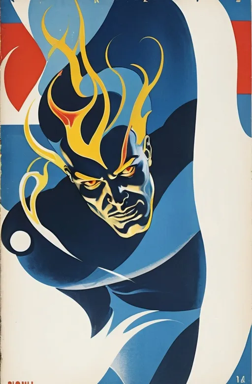Prompt: vintage comic book cover of a superhero, noir elements and dramatic lighting (dark dark blue attire, yellow flames, accents of red, whites, white, baby blue)