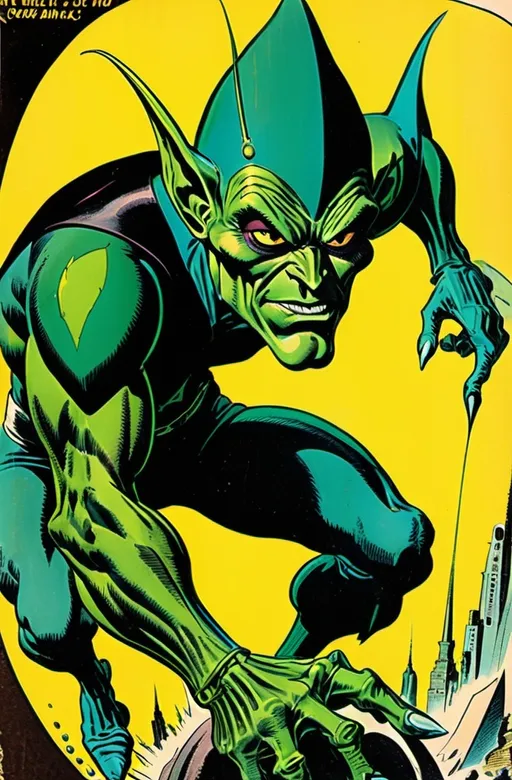 Prompt: Vintage comic book art of a green goblin, green, dark green, teal, black, dark sci-fi