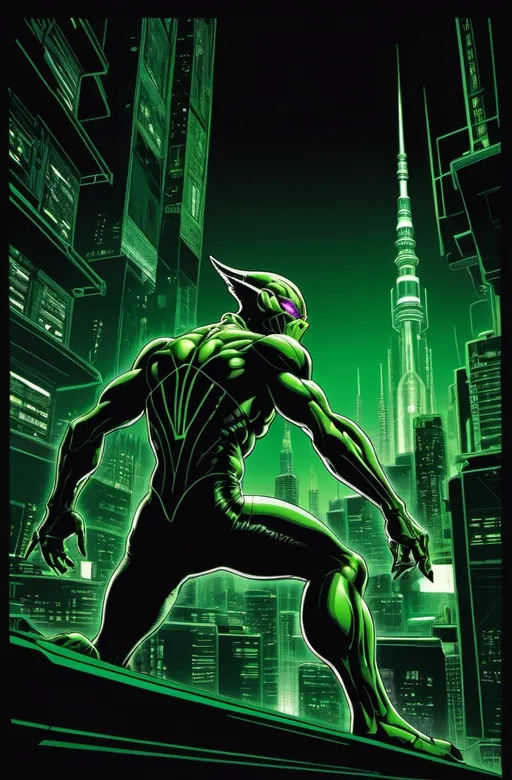 Prompt: Vintage comic book art of a sci-fi cyberpunk machine green goblin, basil, dark green and black contrast, dark sci-fi, evil lex Luther type. Black dark night background of a cityscape