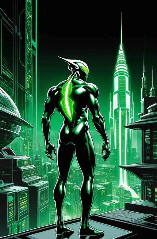 Prompt: Vintage comic book art of a sci-fi cyberpunk machine space-Man green goblin silver surfer, basil, dark green and black contrast, dark sci-fi, evil lex luthor. Black dark night background of a cityscape