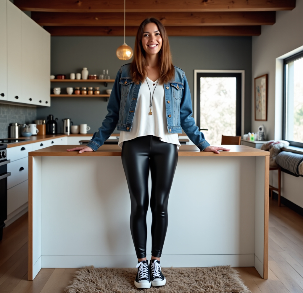 Prompt: Full body realistic photo.

woman in her 40s. 
Smiling. Straight brown hair. 
White loose blouse.
Black shiny spandex leggings. 
Denim jacket. 
Standing by the counter on a rug in a modern loft. 
Black Converse sneakers.