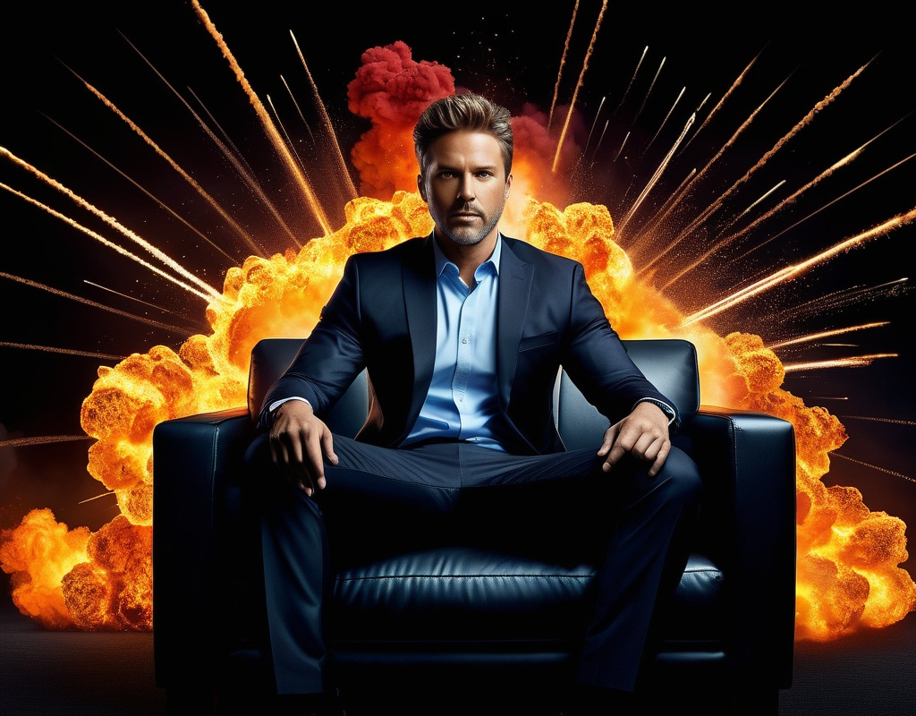 Prompt: HDTV  advertisement, (explosive action), y man sitting on a (black couch), vivid (fireball explosions) erupting around him, (dynamic composition), high energy atmosphere, 2010s aesthetic with colorful graphics, (dramatic lighting), high resolution, ultra-detailed, wide angle action shot.