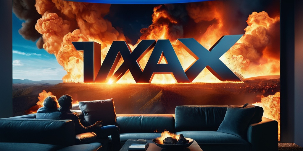 Prompt: IMAX 3D advert, 2010s aesthetic. Fire, explosions. Man sitting on black couch being blown away