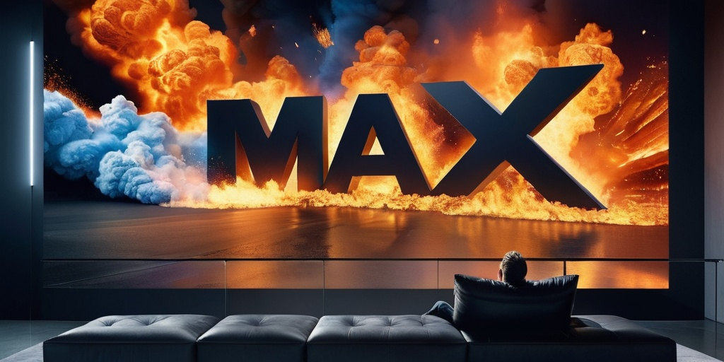 Prompt: IMAX 3D advert, 2010s aesthetic. Fire, explosions. Man sitting on black couch being blown away