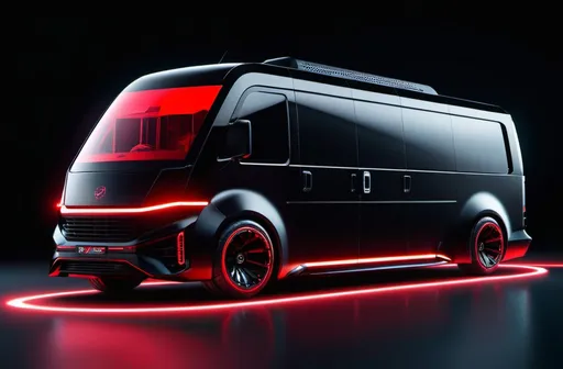 Prompt: Advert of a futuristic cyberpunk black van, big wheels. red lasers running through and around the van. Black background