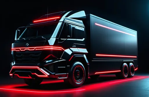 Prompt: Advert of a futuristic cyberpunk black truck, big wheels. red lasers passing around the van. Black background