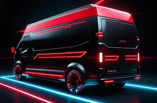 Prompt: Advert of a futuristic cyberpunk black van, big wheels. red lasers running through and around the van. Black background