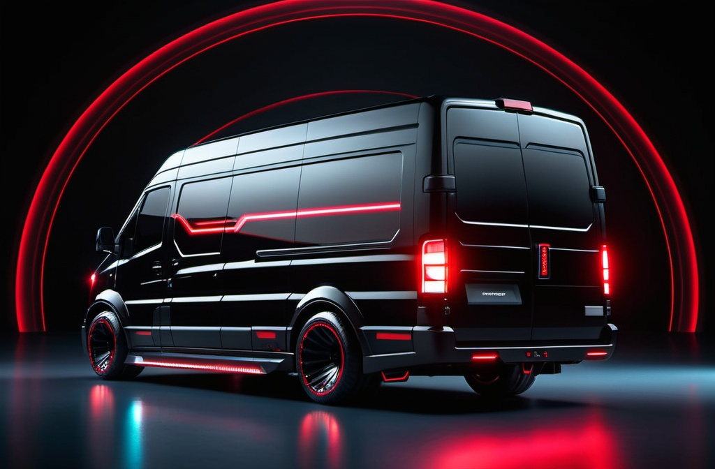 Prompt: Advert of a futuristic cyberpunk black van, big wheels. red lasers running through and around the van. Black background