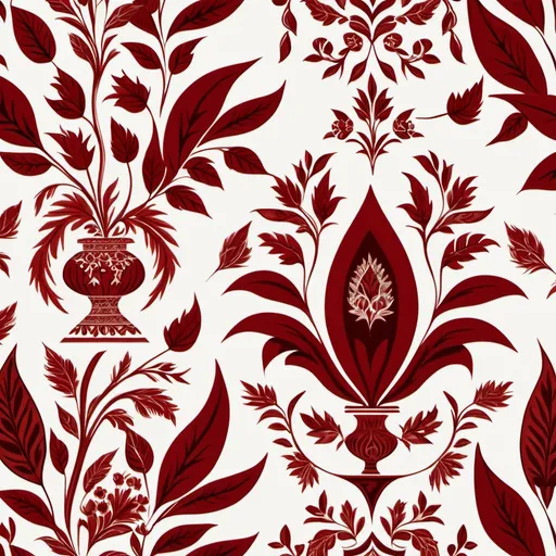 Prompt: dress fabric design, (minimalist white background), leaves and flowers, vases inspired by Central Asia, (vibrant red hues), (rich crimson tones), intricate patterns, stylish yet simple composition, high-quality textile design, elegant and sophisticated, warm and inviting ambiance, ultra-detailed presentation, appealing for fashion or textile applications.