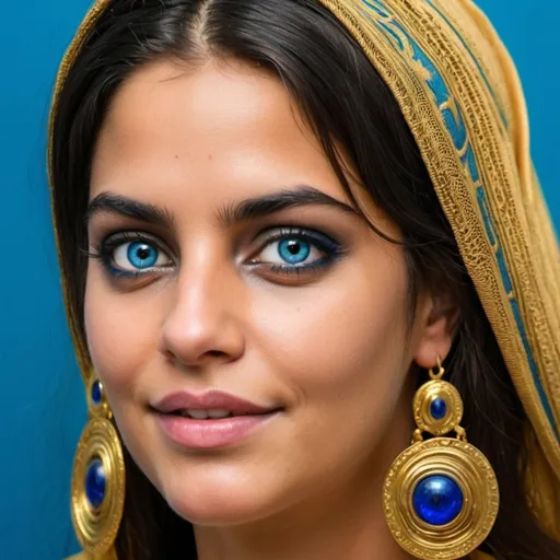 Prompt: uma linda mulher ou espanhola ou arabe 25 anos fazendo orações numa colina verdejante com ovelhas ao redor céu azul brinco em ouro escrito "BG"