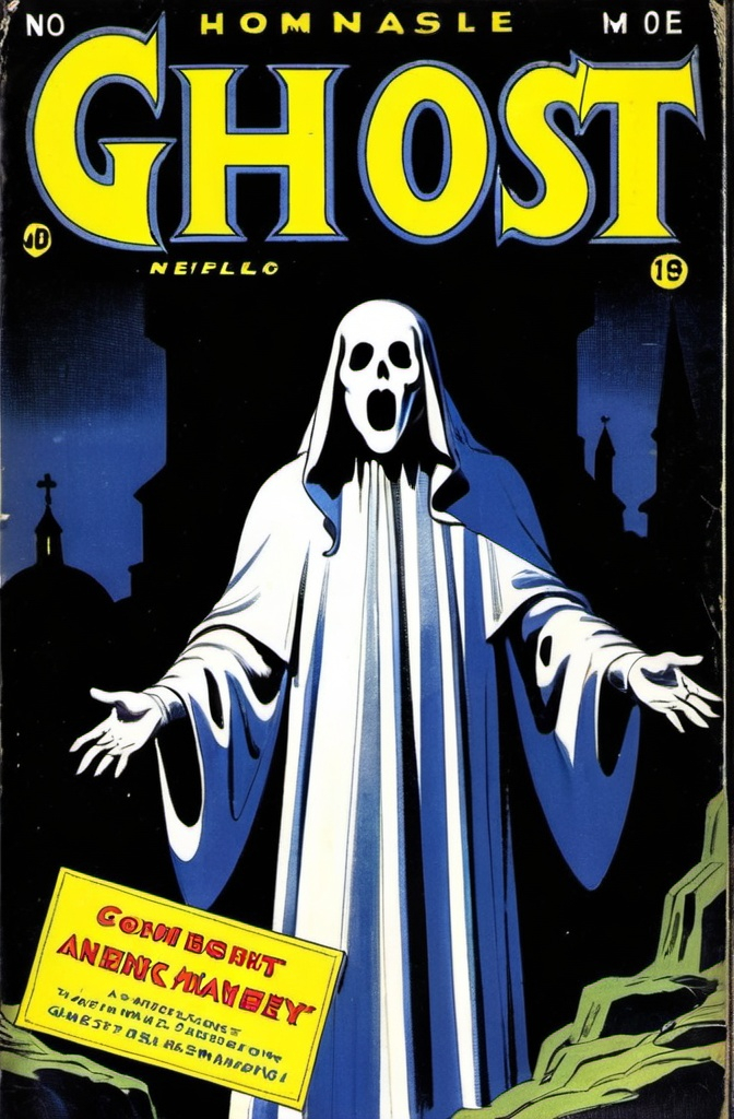 Prompt: vintage comic book cover of a ghost, dark contrast, dramatic lighting