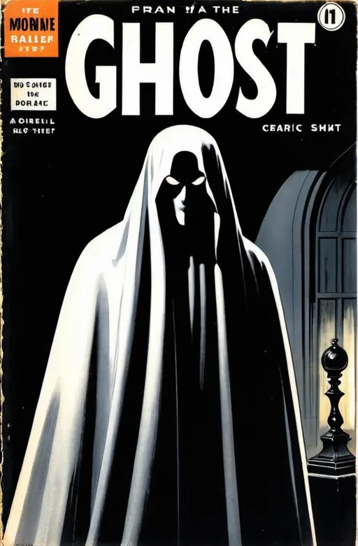 Prompt: vintage comic book cover of a ghost, dark contrast, dramatic lighting, noir elements