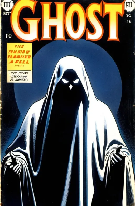 Prompt: vintage comic book cover of a ghost, dark contrast, dramatic lighting