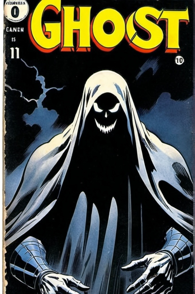 Prompt: vintage comic book cover of a ghost, dark contrast, dramatic lighting