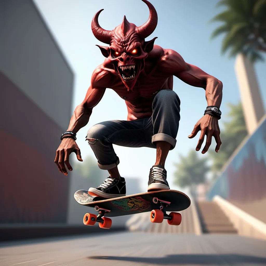 Prompt: a 3d rendering of a man riding a skateboard with a demon on it's face and a helmet on, Bholekar Srihari, samikshavad, unreal engine 5 quality render, a 3D render